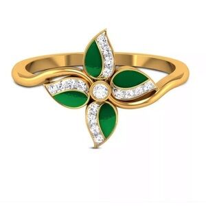 Sterling Silver Green Enamel Flower Ring - Size 6, Gold Tone with CZ Diamond